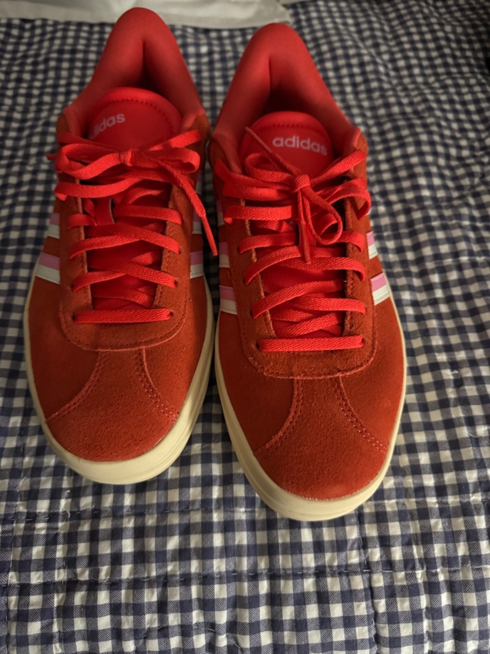 adidas Red Suede Sneakers with White and Pink Stripe Accents